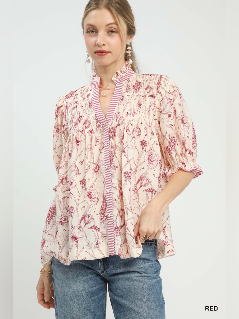 Umgee Mixed Print Button Front Top